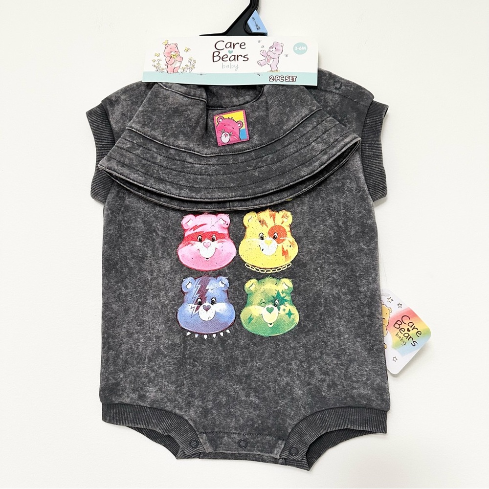 NEW Care Bears Black Acid-Wash Romper Matching Bucket Hat 2 Piece Set size 3-6 m
